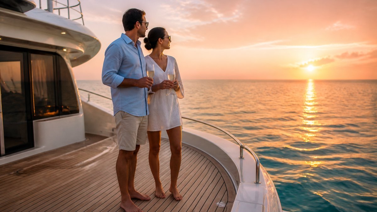 A couple standing on the teak deck of a luxury yacht at golden hour, holding champagne flutes, with calm turquoise ocean and soft pink sky reflected on the water