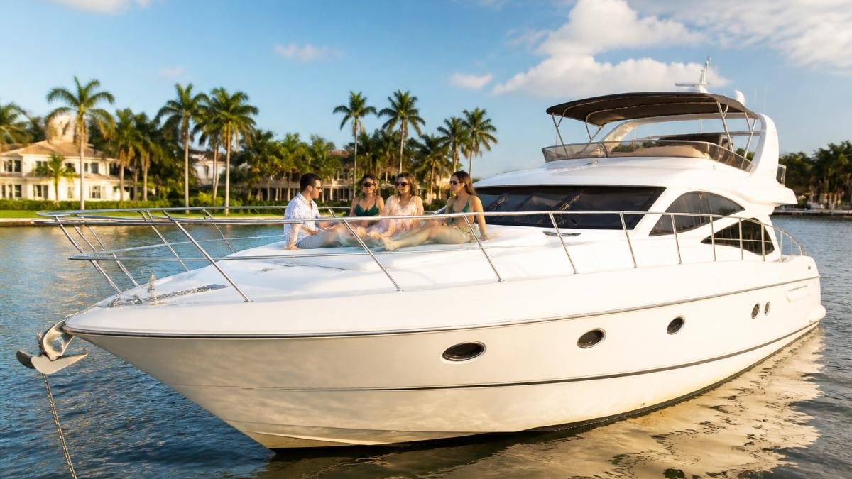 A white luxury yacht anchored in calm Intracoastal Waterway water near Palm Beach, guests relaxing on the bow deck under bright afternoon sun, palm-lined shoreline in the background