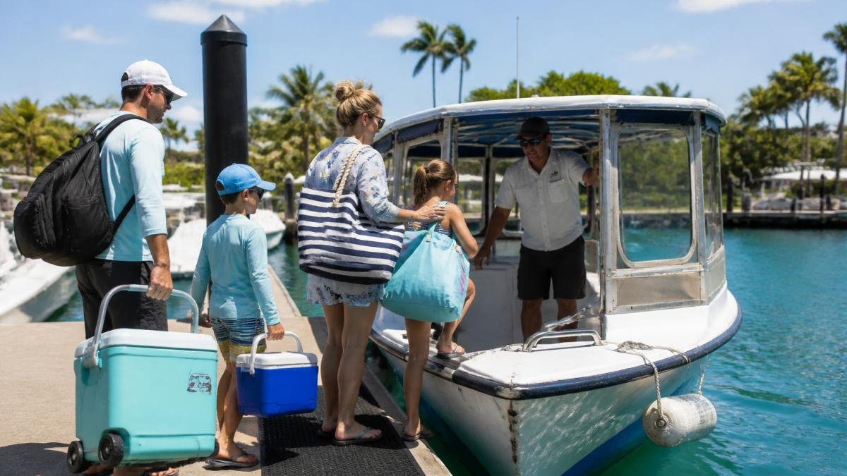 Family with beach gear boarding a shuttle boat to Peanut Island at a sunny marina dock