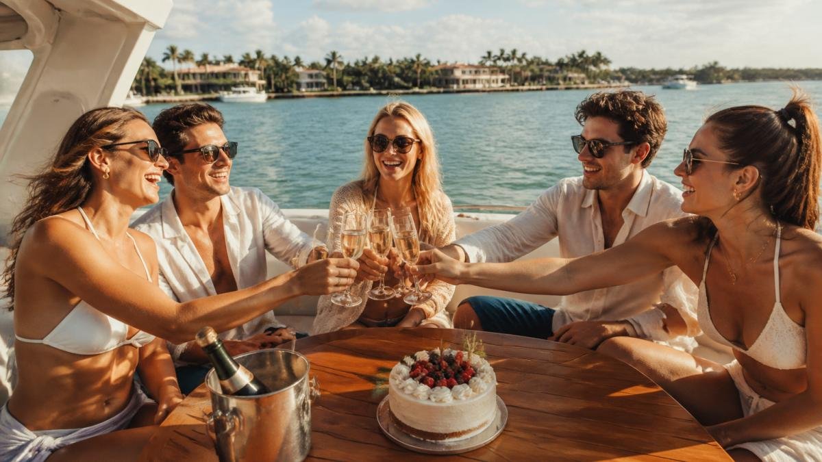 Friends toasting with a birthday cake on a private boat charter for birthday party celebration in a sunny bay.