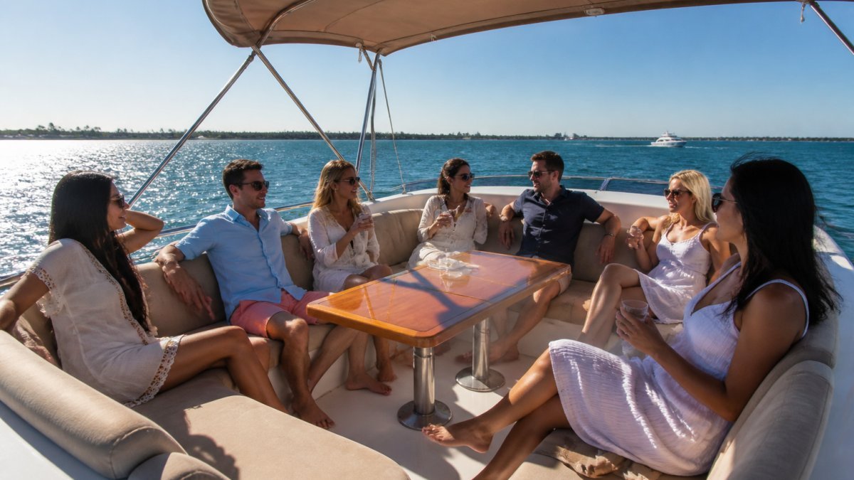 A diverse group of friends and family relaxing on the sun deck of a private yacht, lounging on comfortable seating with clear sightlines to the water, natural sunlight creating warm shadows