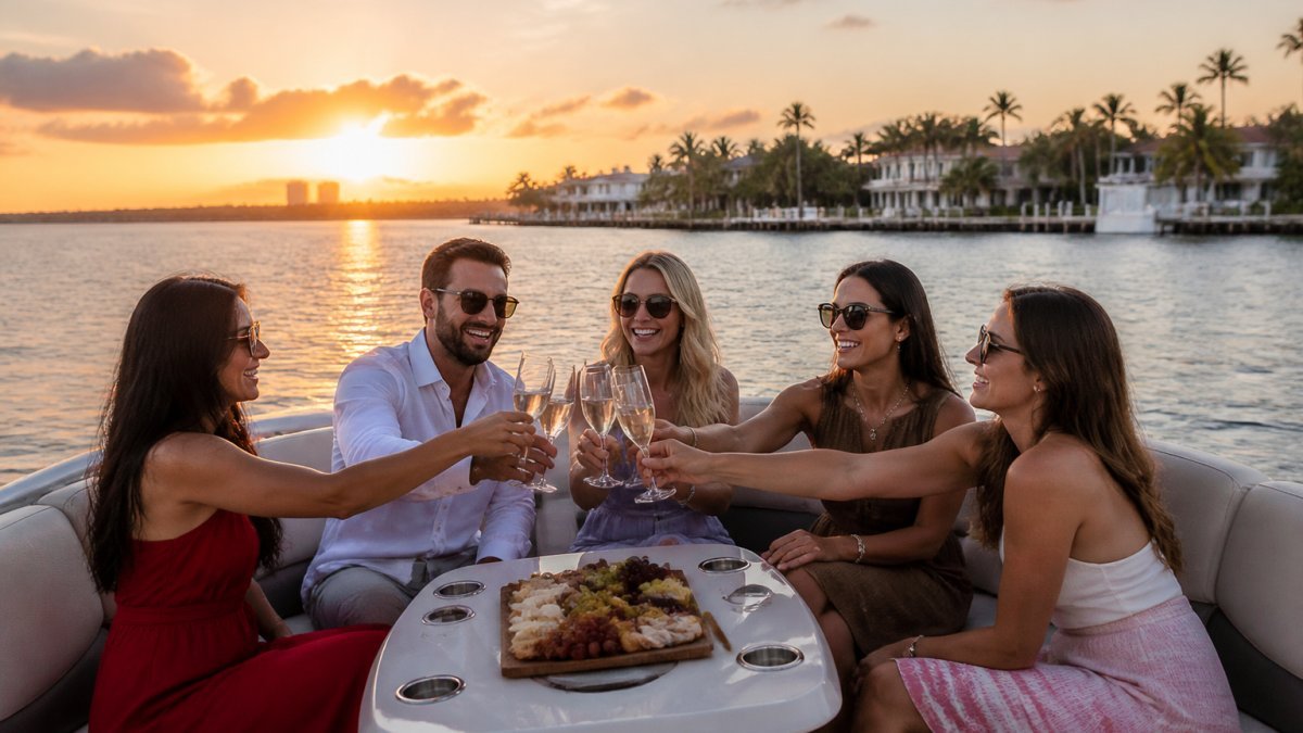 A group of friends toasting with champagne on the deck of a private yacht at sunset, with the Intracoastal Waterway and Palm Beach shoreline in the background